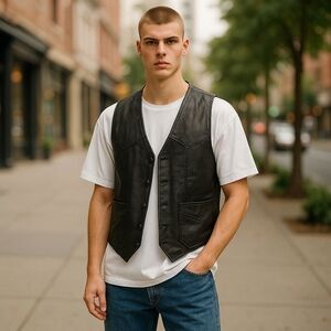 First Genuine Leather Vintage Biker Vest - Size 42